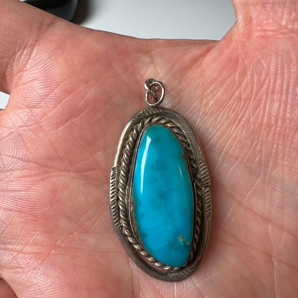 Large Turquoise Sterling Silver 925 Necklace Pendant